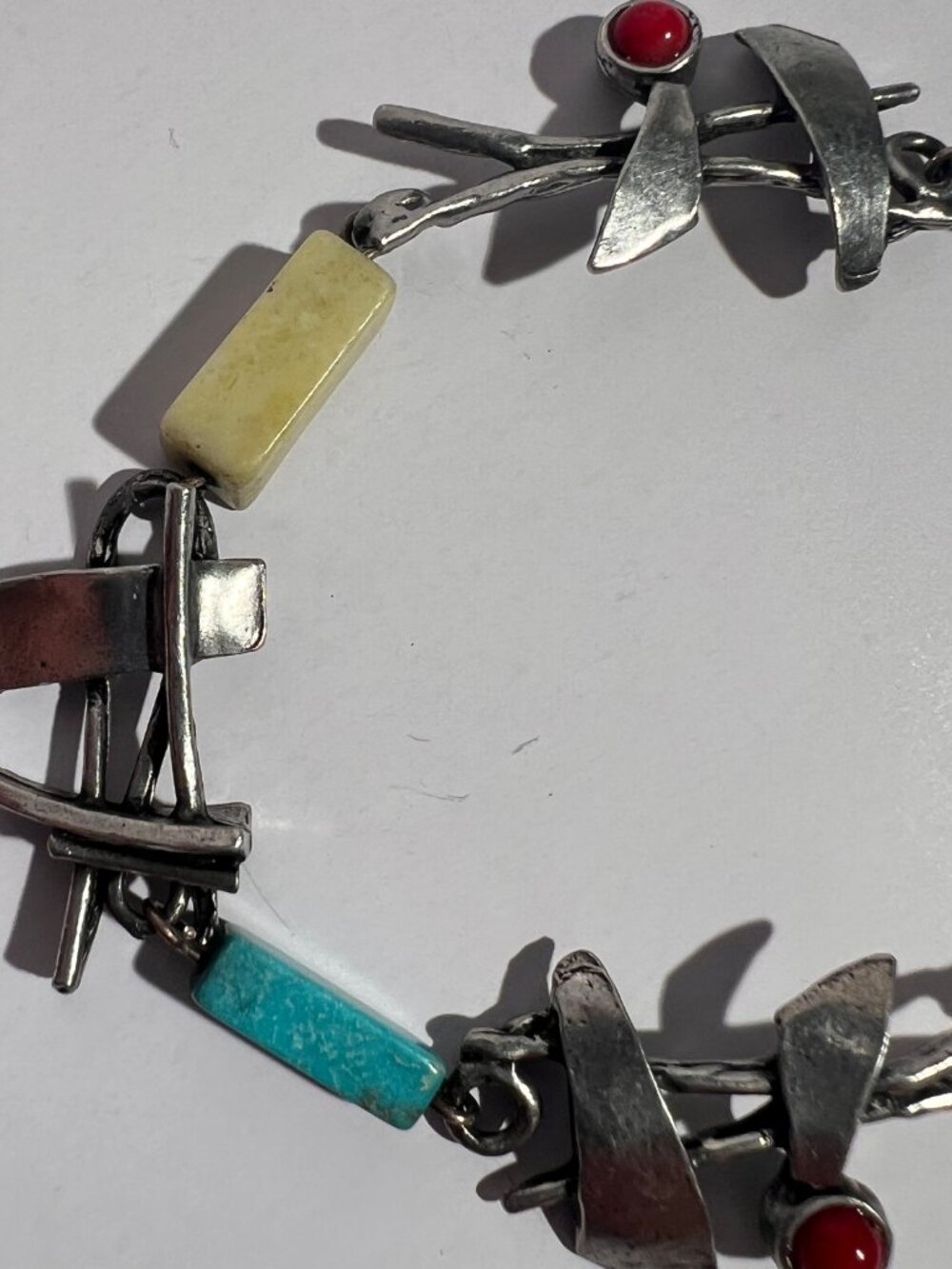 Vintage Sterling Silver Modernist Brutalist Link Bracelet – Turquoise & Red Cabo - Picture 6 of 12
